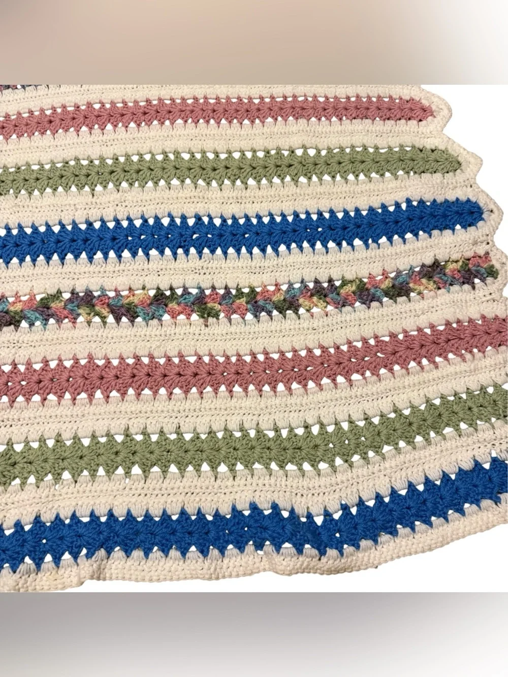 Vintage Crochet Knit Afghan Blanket Handmade Granny Blue Green Pink White 71x55”